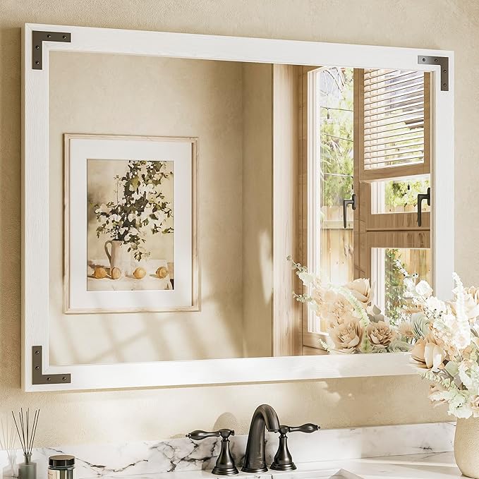 TETOTE 40 x 30 White Wood Framed Mirror for Bathroom Wall/Bedroom/Living Room/Entryway Farmhouse Rustic Bathroom Vanity Mirror Waterproof (Horizontal/Vertical Mounted)