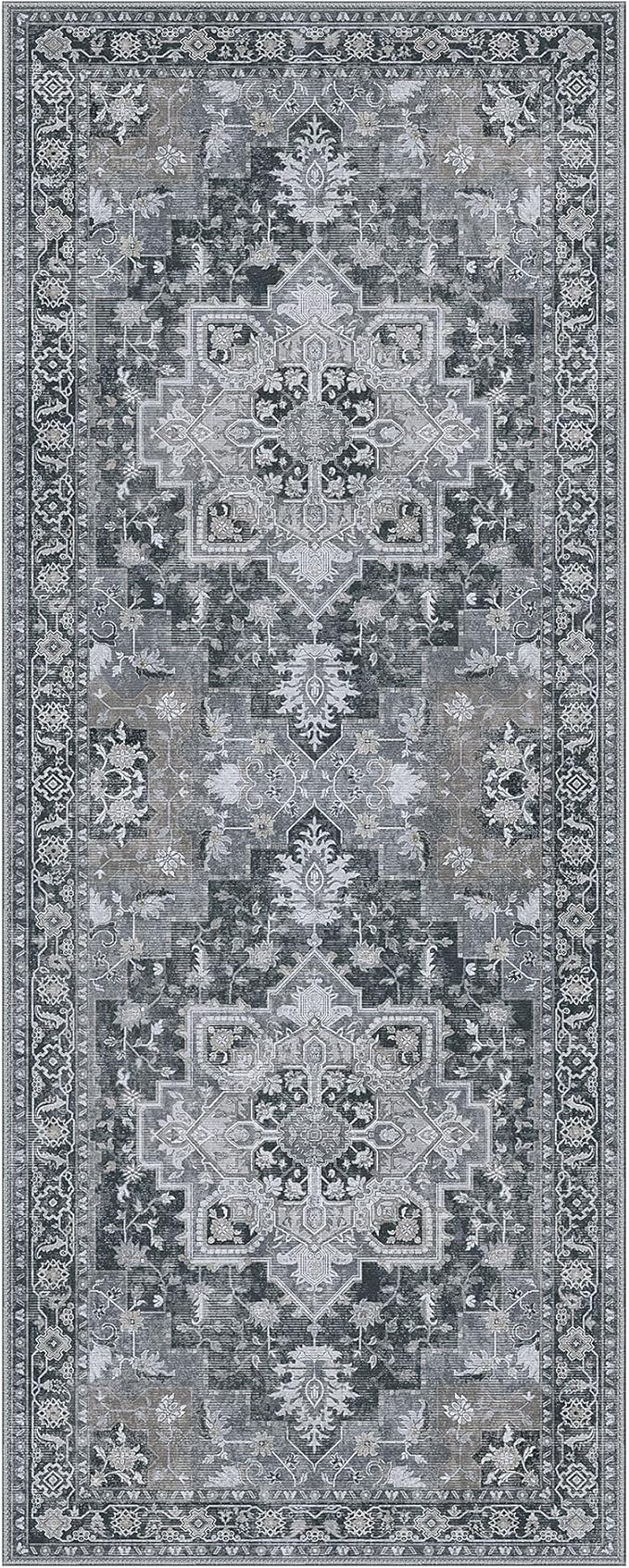 GENIMO 2x10 Runner Rugs for Hallway, Machine Washable Non Slip Vintage Rugs, Low Pile Lightweight Soft Print Rug for enrtyway, Corridor, Home Office, Kitchen,Dark Gray