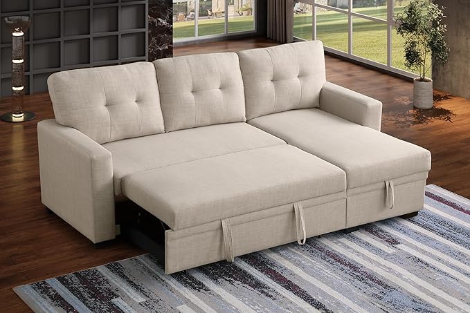 Devion Furniture Garisa 4-in-1 Convertible L Shaped Couch with Pull Out Bed and Storage, Sectional Sleeper Sofa with Reversible Chaise for Living Room, Apartment, Bedroom, Office