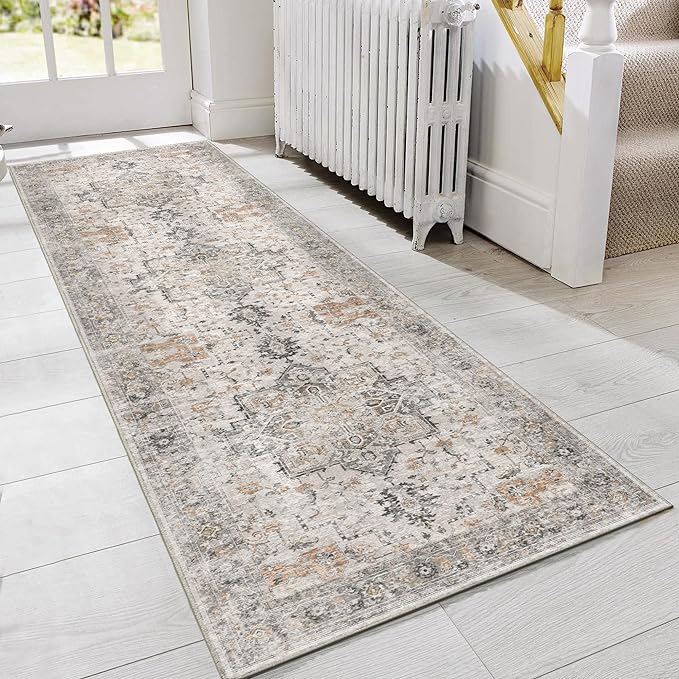 GENIMO Runner Rug 3x8, Non Slip Vintage Hallway Runner Rugs, Low Pile Lightweight Machine Washable Mat for Hallway, Entryway, Bedroom, Kitchen and Corridor, Light Taupe Brown