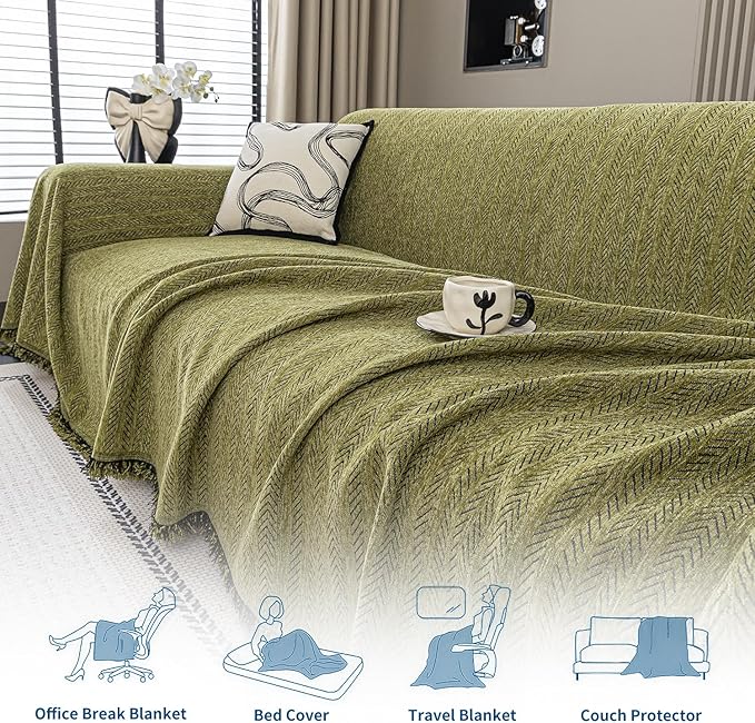 Nobildonna Sofa Chair Cover Waterproof Soft Thicken Chenille Cushion Couch Cover with Tassels,Washable Sofa Slipcovers for Armchair Recliner Sectional Furniture Protector, Green 71"x71"