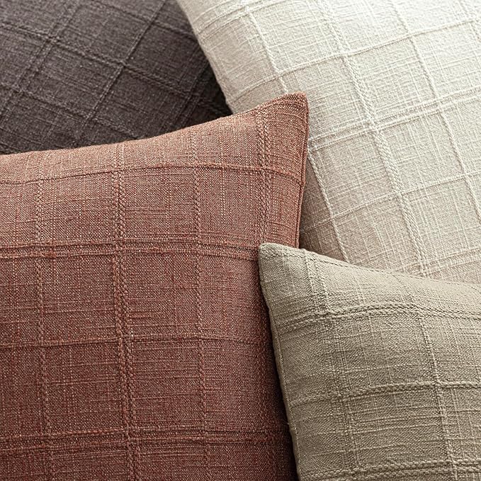 Foindtower Set of 2 Decorative Linen Check Throw Pillow Covers Neutral Farmhouse Vintage Cushion Covers Modern Boho Home Decor for Sofa Chair Couch Bedroom Living Room Outdoor,18×18 Inch,Autumnal Red