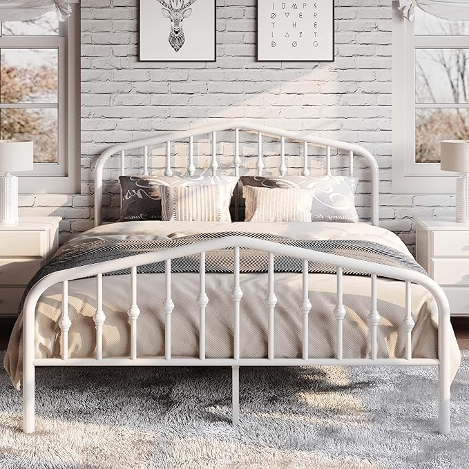 SHA CERLIN Queen Size Metal Platform Bed Frame with Victorian Style Wrought Iron-Art Headboard/Footboard, No Box Spring Required, White