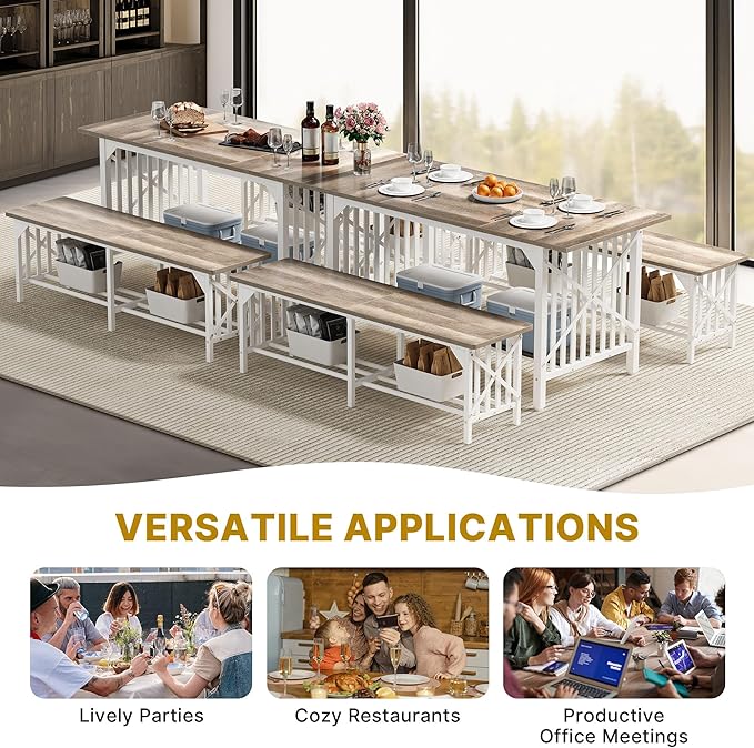 DWVO 3-Piece Dining Table Set for 4-6 People, 63" Dining Room Table with 2 Benches, Industrial Rectangular Dining Room Table Set with Storage for Kitchen, Dining Room, Washed Grey