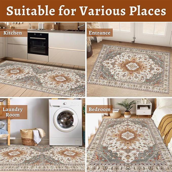 Tangsoo 5x7 Area Rug Washable Rugs for Living Room, Vintage Indoor Non Slip Large Area Rugs, Print Distressed Turmeric Carpet, Soft Low Pile Rug Foldable Floor for Bedroom Dining Room Dorm