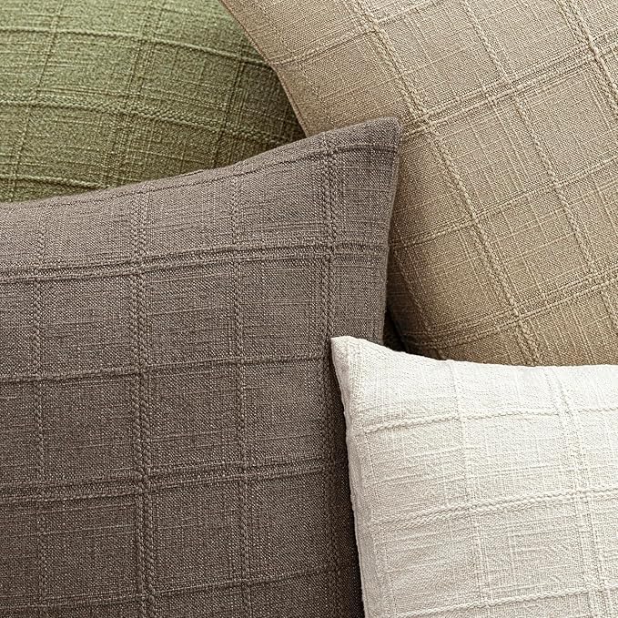 Foindtower Set of 2 Decorative Linen Check Throw Pillow Covers Neutral Farmhouse Vintage Cushion Covers Modern Boho Home Decor for Sofa Chair Couch Bedroom Living Room Outdoor,22×22 Inch,Taupe Grey