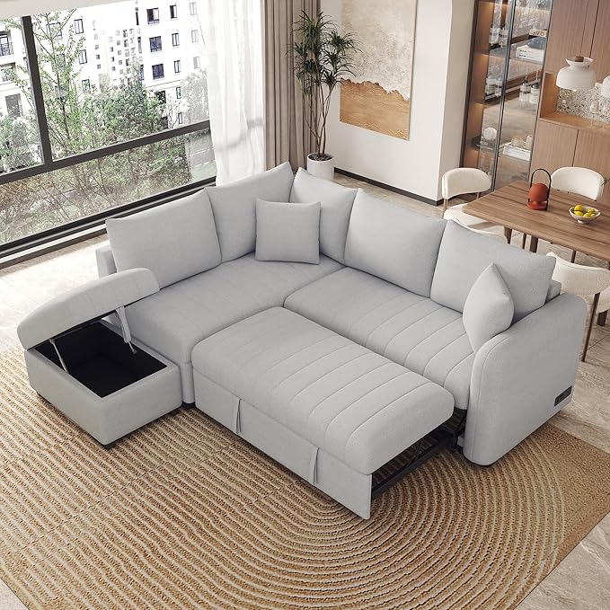 Ball & Cast L-Shaped Sectional Pull Out Sofa with Two USB Ports,4-Seater Convertible Couch w/Power Sockets and Movable Storage Ottoman,for Living Room,Apartment,Grey