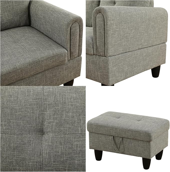 L Shaped Sectional Sofa with Ottoman, Modern Couches for Living Room, Microfiber Facing, Bedroom, Office