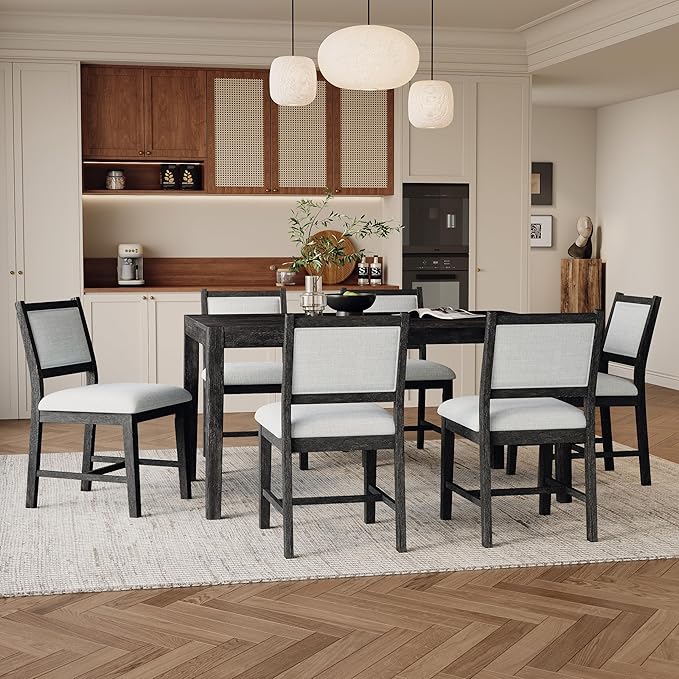 Merax 7 Pieces Retro Dining Set for 6, Rectangular Wood Dining Table with 6 Upholstered Chairs for Kitchen, Living Room, Espresso