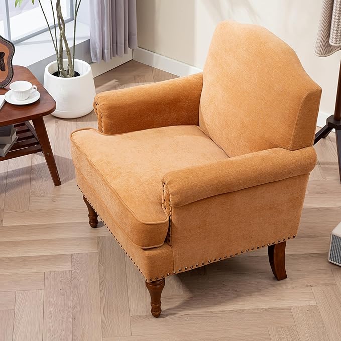 Ball & Cast Accent Chair with Nailhead Trim Armchair,Comfy Chenille Club Sofa Living Room Chairs w/Springs Cushions & Wood Legs,Traditional Single Couch for Bedroom,Farmhouse,Orange