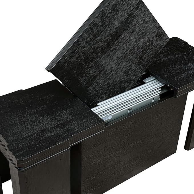 X02MZ-2C6-50 - 6-pc Dining Table Set a Kitchen Table with a coffee Table and 2 wooden Benches and 2 Dark Gotham Grey Linen Fabric Chairs, 39x120 Inch, Wire Brushed Black