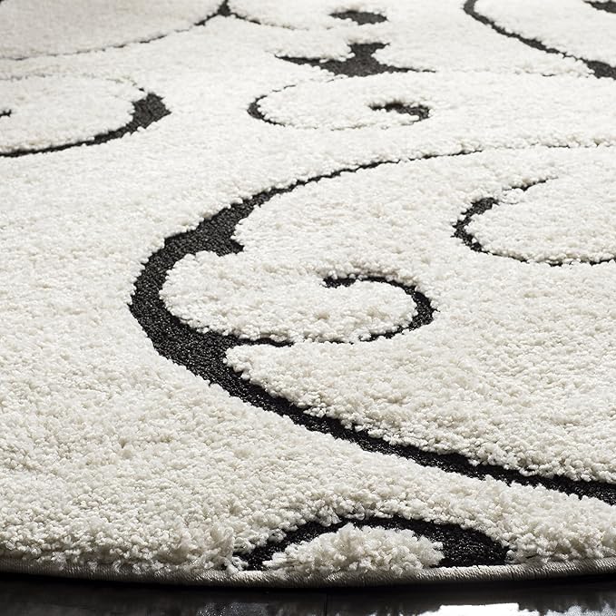 SAFAVIEH Florida Shag Collection 11' Round Ivory / Black SG455 Scrolling Vine Graceful Swirl Textured Non-Shedding Living Room Bedroom Dining Room Entryway Plush 1.2-inch Thick Area Rug