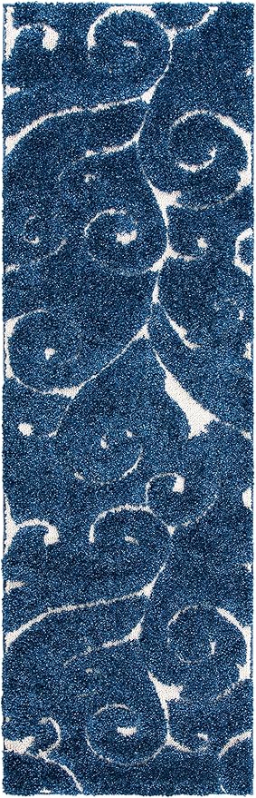 SAFAVIEH Florida Shag Collection Runner Rug - 2'3" x 9', Dark Blue & Cream, Scroll Design, Non-Shedding & Easy Care, 1.2-inch Thick Ideal for High Traffic Areas in Living Room, Bedroom (SG455-6511)