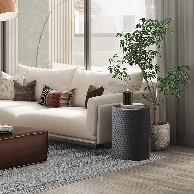 SIMPLIHOME Corbin 16 inch Wide Metal Side Table in Hammered Antique Copper, Round Drum Design End Table for Living Room, Family Room, or Entryway, Industrial Style, Assembled