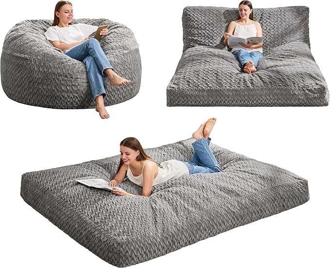 Hobestluk Bean Bag Chair Convertible Beanbag Chairs for Adults, 3 in 1 Bean Bags with Plush Chevron Cover, Adult Bean Bag Chair for Living Room, Bedroom (Grey, Queen)