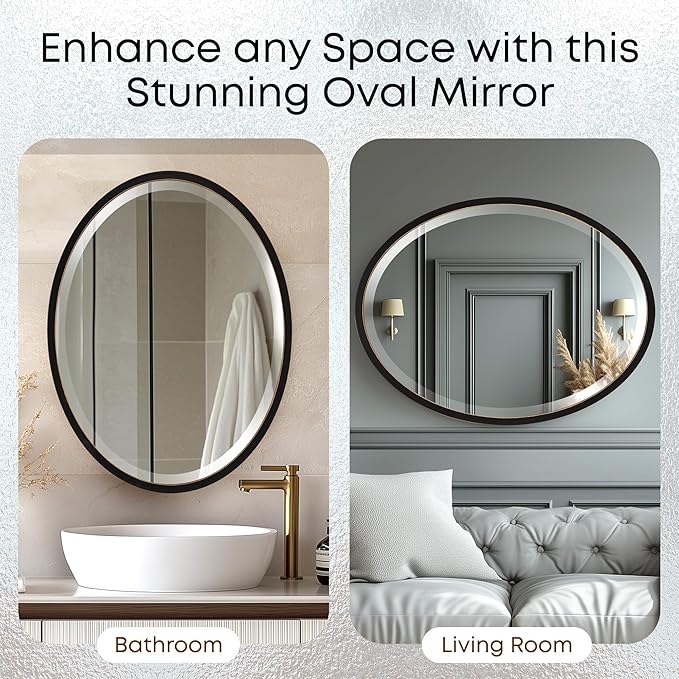 OVALCREST - Oval Wooden Beveled Wall Mirror for Home Decor, Bathroom, Vanity, Bedroom, Living Room, Hallway - London Style (Rubbed Black) 13.1 x 17.1