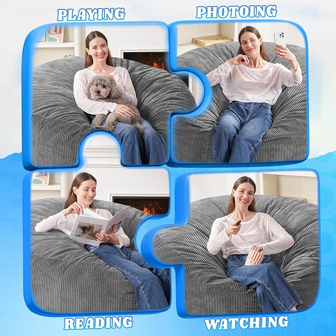 HABUTWAY 4FT Bean Bag Chair,Giant Bean Bag Chairs for Adults,Big Bean Bags with Memory Foam Filled, Large Beanbag Chairs with Soft Corduroy Cover-Grey