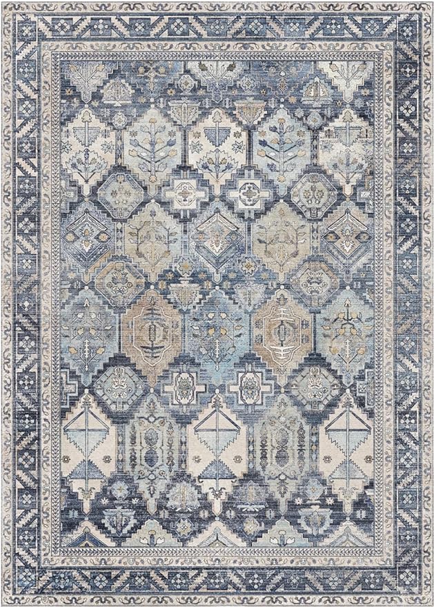 GENIMO 5x7 Area Rugs for Living Room, Machine Washable Non Slip Vintage Rugs, Low Pile Lightweight Chenille Print Rug for Bedroom, Dining Room, Home Office, Brown Blue