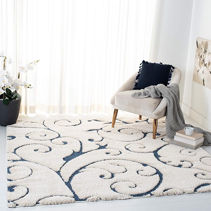 SAFAVIEH Florida Shag Collection Area Rug - 4' Square, Cream & Blue, Scroll Design, Non-Shedding & Easy Care, 1.2-inch Thick Ideal for High Traffic Areas in Living Room, Bedroom (SG455-1165)