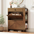 IRONCK Shoe Storage Cabinet with 2 Flip Drawers & Barn Door Design, Freestanding Shoe Cabinet Organizer with Drawer and Shelves for Entryway, Farmhouse Shoe Rack Cabinet,Dark Walnut