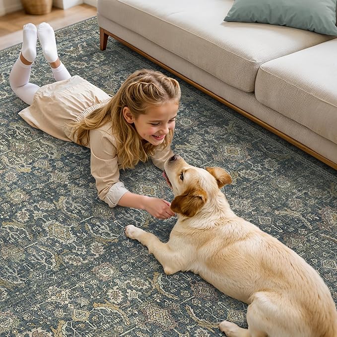 8X10 Area Rugs Machine Washable Rugs for Living Room, Vintage Boho Large Rugs for Bedroom Dining Room, Non Slip Indoor Soft Distressed Lightweight Thin Low Pile Carpet, Deep