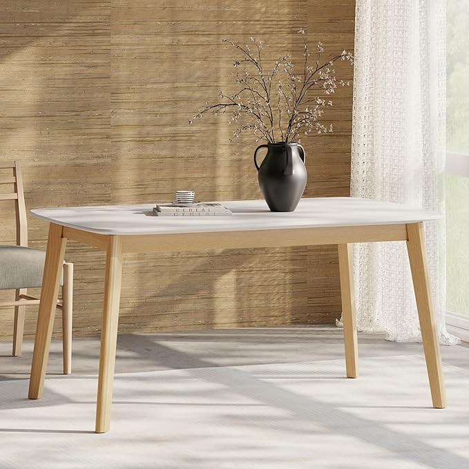 5-Piece Dining Set, Mid-Century Modern Solid Wood Table & Chair Set for 4, Kitchen, Dining Room, Restaurant, Natural Oak+Gray