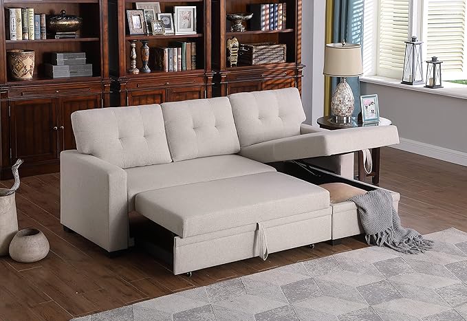 Devion Furniture Meridian 4-in-1 Convertible L Shaped Couch with Pull Out Bed and Storage, Sectional Sleeper Sofa with Reversible Chaise for Living Room, Apartment, Bedroom, Office