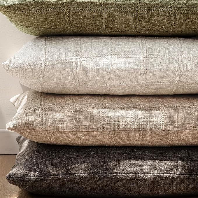 Foindtower Set of 2 Decorative Linen Check Throw Pillow Covers Neutral Farmhouse Lumbar Cushion Covers Modern Coastal Boho Home Decor for Sofa Chair Couch Bedroom Living Room Outdoor,12×20 Inch,Camel