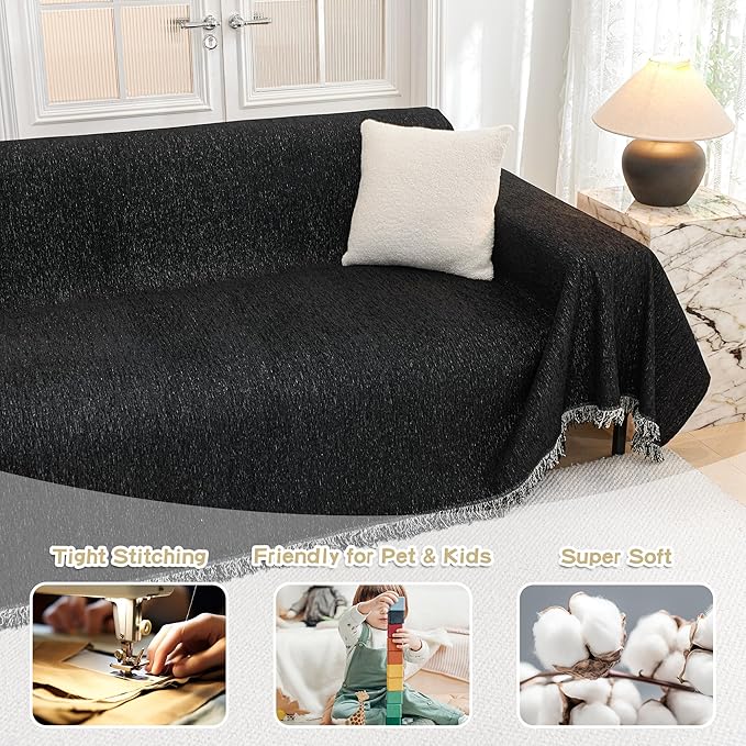 MYSKY HOME Couch Cover for Dogs Washable Couch Covers Couch Covers for Dogs Couch Cover 2 Cushion Sofa Non Slip Dogs Furniture Protector with Tassels Chenille Sofa Covers for Pets, 71"x102", Black