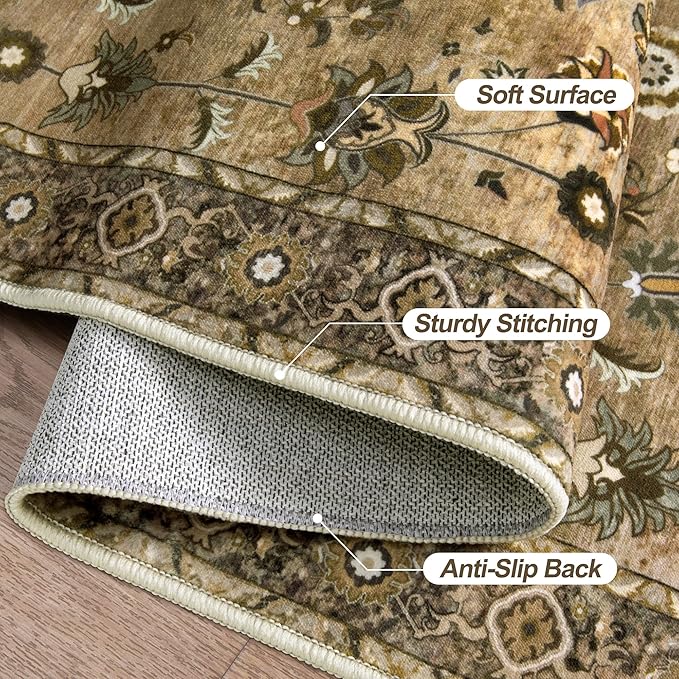 2x4 Washable Rug for Entryway, Vintage Floral Rug Non Slip Small, Indoor Front Door Runner Rugs, Print Distressed Brown Door Mat Carpet, Soft Low Pile for Entrance Kitchen Bedroom Bathroom