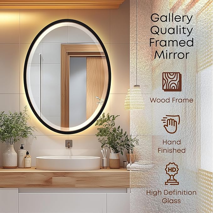 OVALCREST - Oval Wooden Beveled Wall Mirror for Home Decor, Bathroom, Vanity, Bedroom, Living Room, Hallway - London Style (Rubbed Black) 19.1 x 25.1