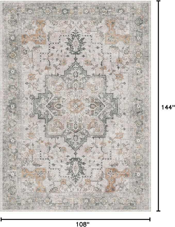 GENIMO 9x12 Area Rugs for Living Room, Non Slip Machine Washable Vintage Rugs, Low Pile Lightweight Chenille Print Large Rug for Bedroom, Dining Room, Home Office, Light Taupe Brown
