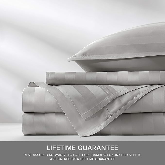 Twin Sheets by Pure Bamboo, Genuine 100% Organic Viscose Derived from Bamboo Bed Sheet Set, Luxuriously Soft & Cooling, Double Stitching, Lifetime Quality Promise (Twin, Jacquard Silver)