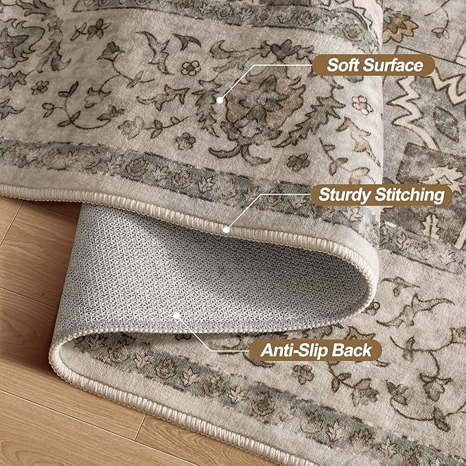 Tangsoo 2.6x8 Washable Runner Rug for Hallways, Non Slip Vintage, Soft Low Pile Long Runner, Print Distressed Brown/Grey Carpet Runners for Kitchen Bedroom Entryway Bathroom Living Room