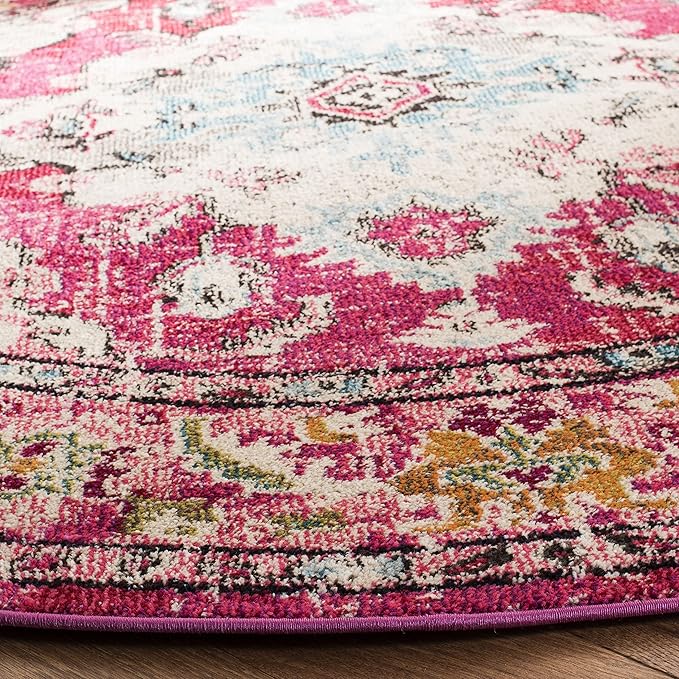 SAFAVIEH Monaco Collection Area Rug - 6'7" Round, Pink & Multi, Boho Chic Medallion Distressed Design, Non-Shedding & Easy Care, Ideal for High Traffic Areas in Living Room, Bedroom (MNC243D)