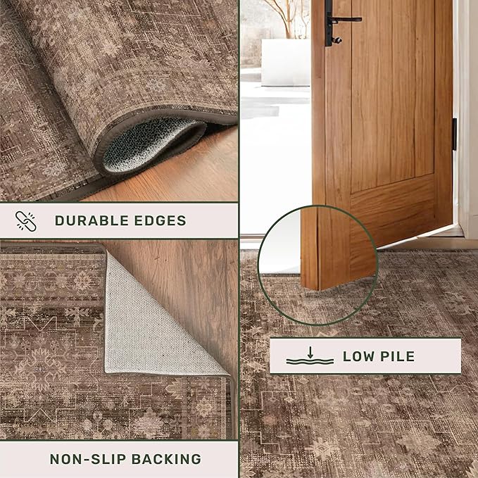 Brown Neutral Boho Washable 3x12 Extra Long Hallway Runner Rug, Waterproof Large Kitchen Floor Rug Indoor, Non-Slip Stain & Fade Resistant, Vintage Dark Earthy Taupe Decor