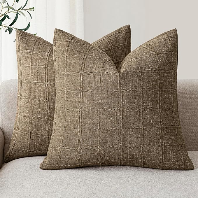 Foindtower Set of 2 Decorative Linen Check Throw Pillow Covers Neutral Farmhouse Vintage Cushion Covers Modern Boho Home Decor for Sofa Chair Couch Bedroom Living Room Outdoor,20×20 Inch, Brown