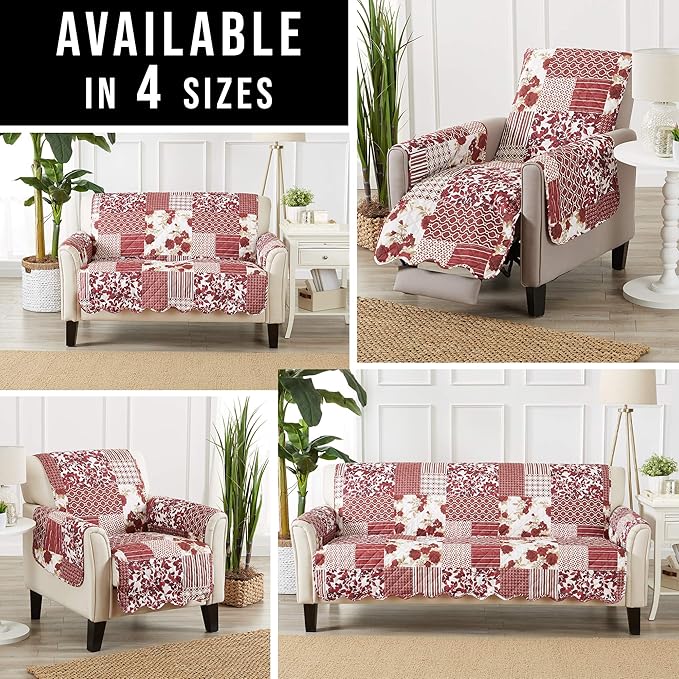 Great Bay Home Patchwork Scalloped Printed Furniture Protector Stain Resistant Recliner Cover (Recliner, Burgundy)