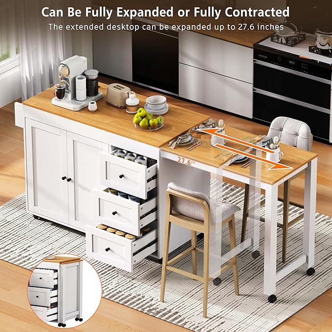 Ball & Cast 74.8" Kitchen Island with Extendable Dining Table,Kitchen Storage Cart W/Power Outlet and 3 Drawers,Rolling Kitchen Island on Wheels W/Spice Rack & 2 Door Cabinet,for Kitchen,White