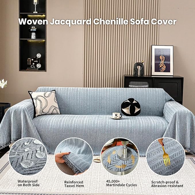 Nobildonna Sofa Cover Washable Soft Thicken Chenille Couch Cover with Tassel,Waterproof Sofa Slipcover for 3-4 Cushion Couch,Sectional Sofa,L-Shaped Furniture Protector Pet-Friendly,Dusty Blue71 x134
