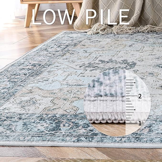GENIMO Runner Rug 2x12, Non Slip Vintage Hallway Runner Rugs, Low Pile Lightweight Machine Washable Mat for Hallway, Entryway, Bedroom, Kitchen and Corridor, Blue