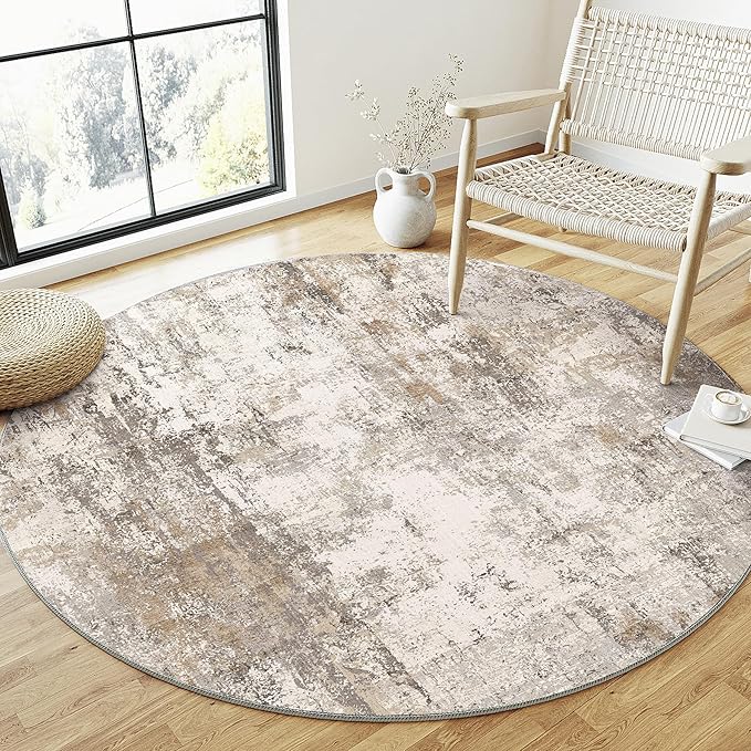 6x6 Washable Round Rug Brown Grey Neutral Abstract Living Room Bedroom Area Rug Non Slip Soft Low Pile Indoor Floor Carpet for Office Dining Room Kitchen Entryway