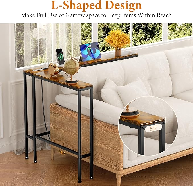 GRLEAF L Shaped Narrow Console Table with Outlet, 78" Sofa Tables Narrow Long, Behind Couch Table, Skinny Entryway Tables with Charging Station,for Living Room,Hallway (Rustic Brown,78IN)