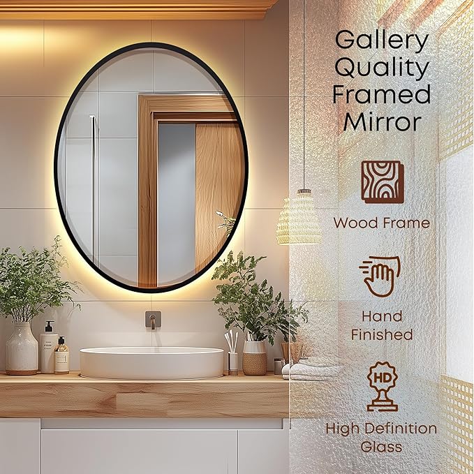 OVALCREST - Oval Wooden Beveled Wall Mirror for Home Decor, Bathroom, Vanity, Bedroom, Living Room, Hallway - London Style (Matte Black) 19.1 x 25.1
