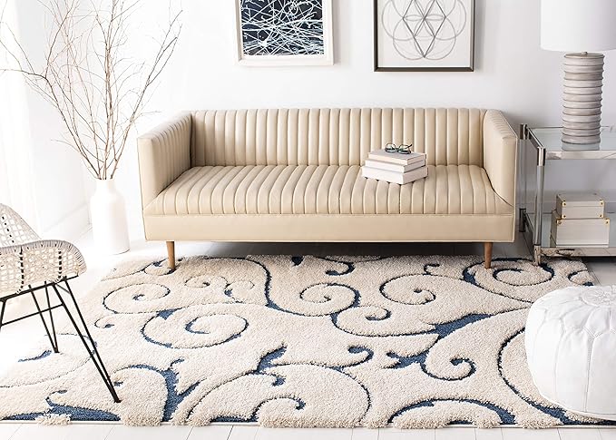 SAFAVIEH Florida Shag Collection Area Rug - 9'6" x 13', Cream & Blue, Scroll Design, Non-Shedding & Easy Care, 1.2-inch Thick Ideal for High Traffic Areas in Living Room, Bedroom (SG455-1165)