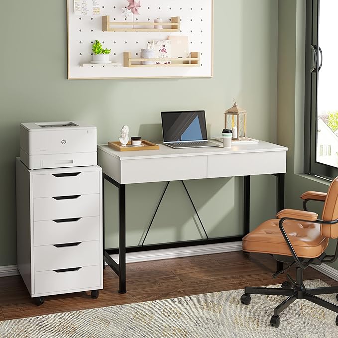 CAIYUN 40Inch Computer Desk with 2 Wooden Drawers, Small Desks for Home Office with Storage,Vanity Desk for Bedroom, Gaming Desk for Small Spaces, Simple Kids Study Writing Desk Table (White, Wooden)