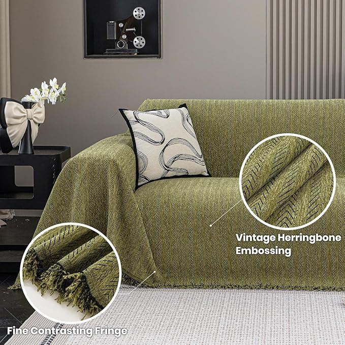 Nobildonna Sofa Cover Washable Soft Thicken Chenille Couch Cover with Tassel,Waterproof Sofa Slipcover for 3-4 Cushion Couch,Sectional Sofa,L-Shaped Furniture Protector Pet-Friendly,Green 91"x134"