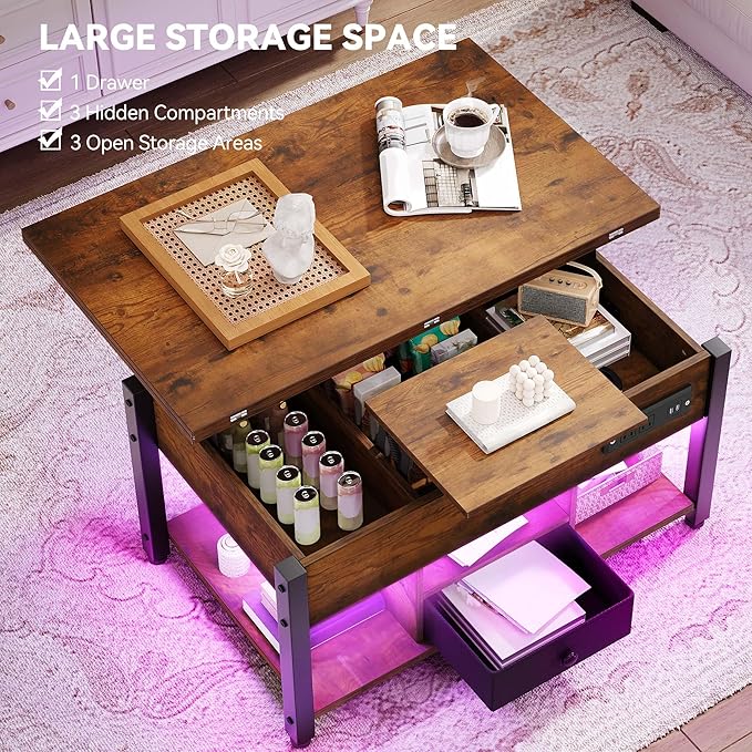 YITAHOME 4-in-1 Lift Top Coffee Table with RGB Light & Dual Tops, Multi-Function Table with Power Outlets, Storage, Converts to Dining Table Computer Desk Gaming Hub, Living Room, Home Office, Brown