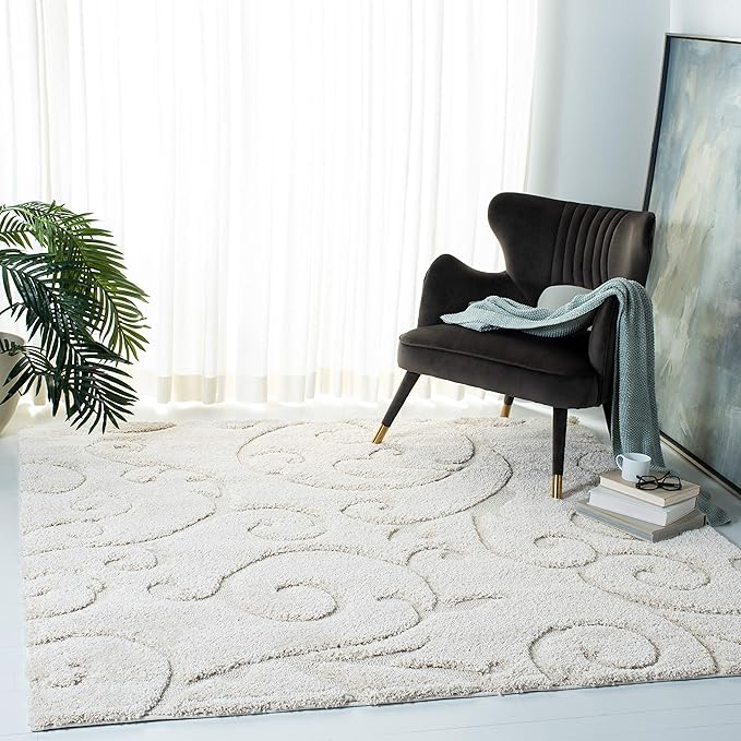 SAFAVIEH Florida Shag Collection Area Rug - 5' Square, Creme & Creme, Scroll Design, Non-Shedding & Easy Care, 1.2-inch Thick Ideal for High Traffic Areas in Living Room, Bedroom (SG455-1111)
