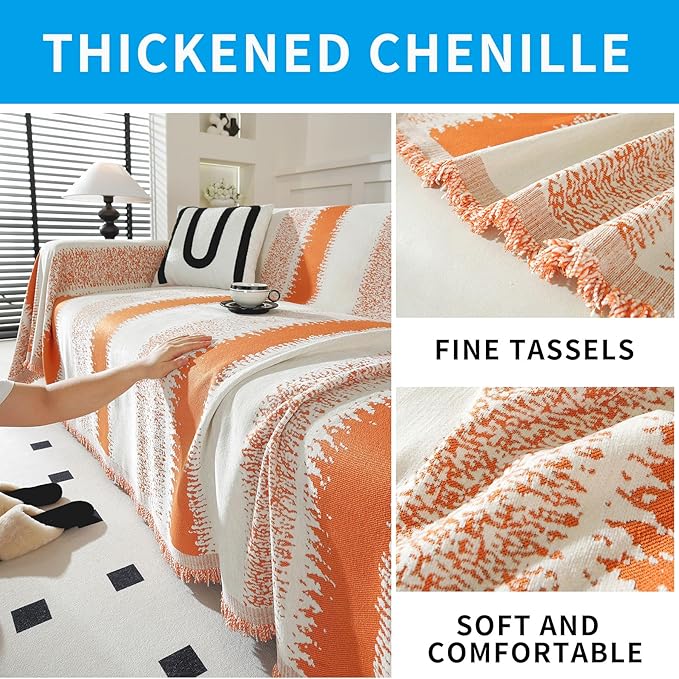 LUFEIJIASHI Boho Couch Covers for Sofa Non Slip Sofa Covers Washable Couch Covers for 3 Cushion Couch Sofa Pet Friendly Sectional Couch Cover Blanket Furniture Protector for Dogs (Orange, 91"x134")
